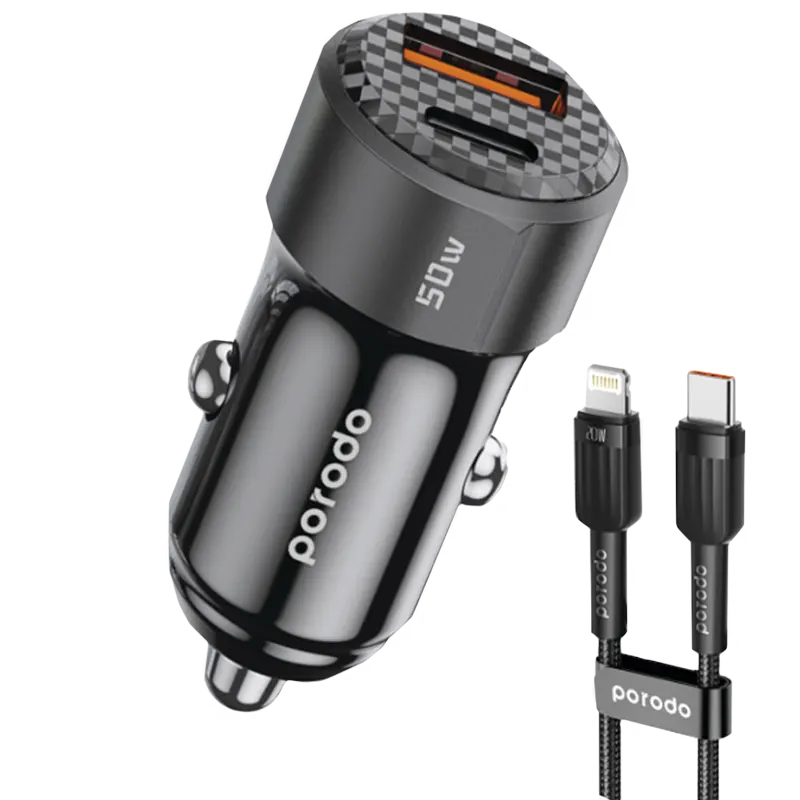 Porodo 50W Dual Port Car Charger PD 20W QC 30W with C to L Cable Mascom International.webp